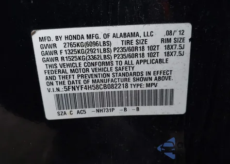 2012 Honda Pilot Ex-L from USA, damaged, VIN 5FNYF4H58CB082218